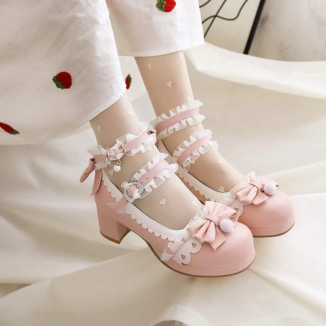 VOKLIN Women's Girls Lolita Mary Janes Shoes Sweet Bow Lace Ankle Strap Mid Heels Cosplay Oxford Dress Pumps