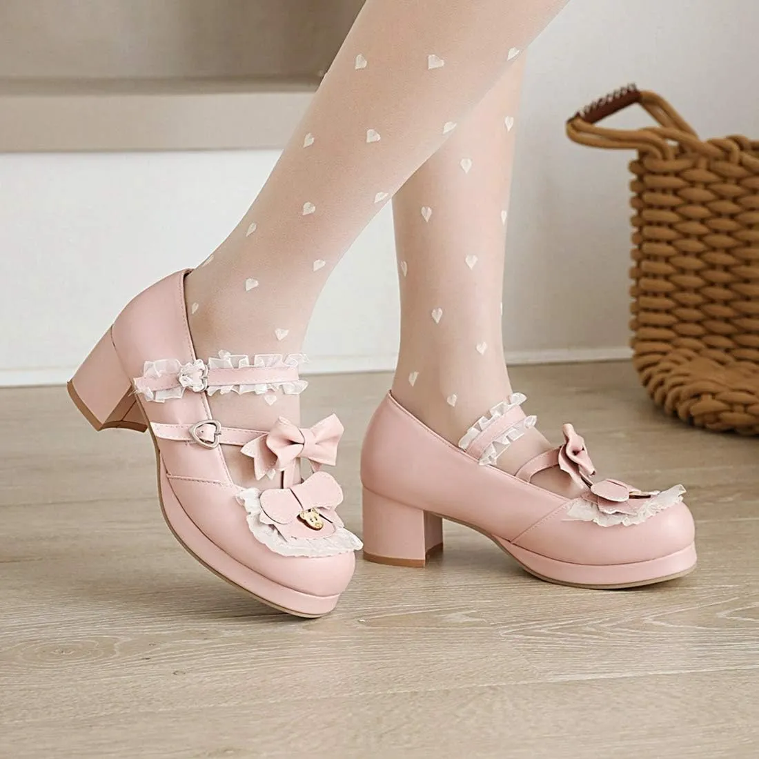 VOKLIN Women's Girls Lolita Mary Janes Shoes Sweet Bow Lace Ankle Strap Mid Heels Cosplay Oxford Dress Pumps