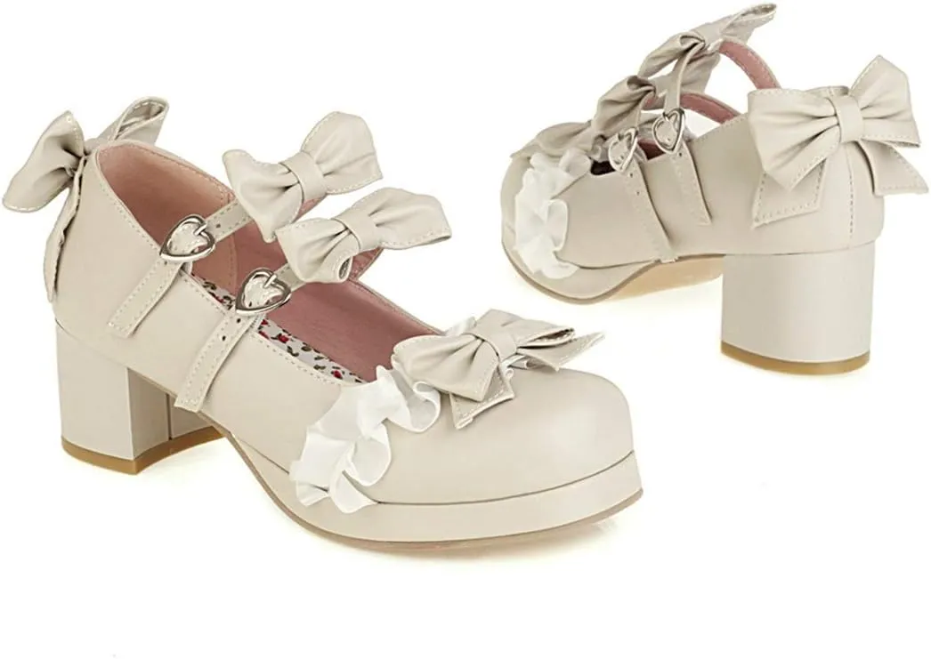 VOKLIN Women's Girls Lolita Mary Janes Shoes Sweet Bow Lace Ankle Strap Mid Heels Cosplay Oxford Dress Pumps