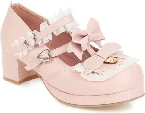 VOKLIN Women's Girls Lolita Mary Janes Shoes Sweet Bow Lace Ankle Strap Mid Heels Cosplay Oxford Dress Pumps