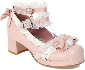 VOKLIN Women's Girls Lolita Mary Janes Shoes Sweet Bow Lace Ankle Strap Mid Heels Cosplay Oxford Dress Pumps