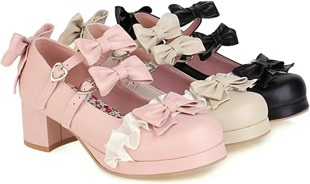 VOKLIN Women's Girls Lolita Mary Janes Shoes Sweet Bow Lace Ankle Strap Mid Heels Cosplay Oxford Dress Pumps