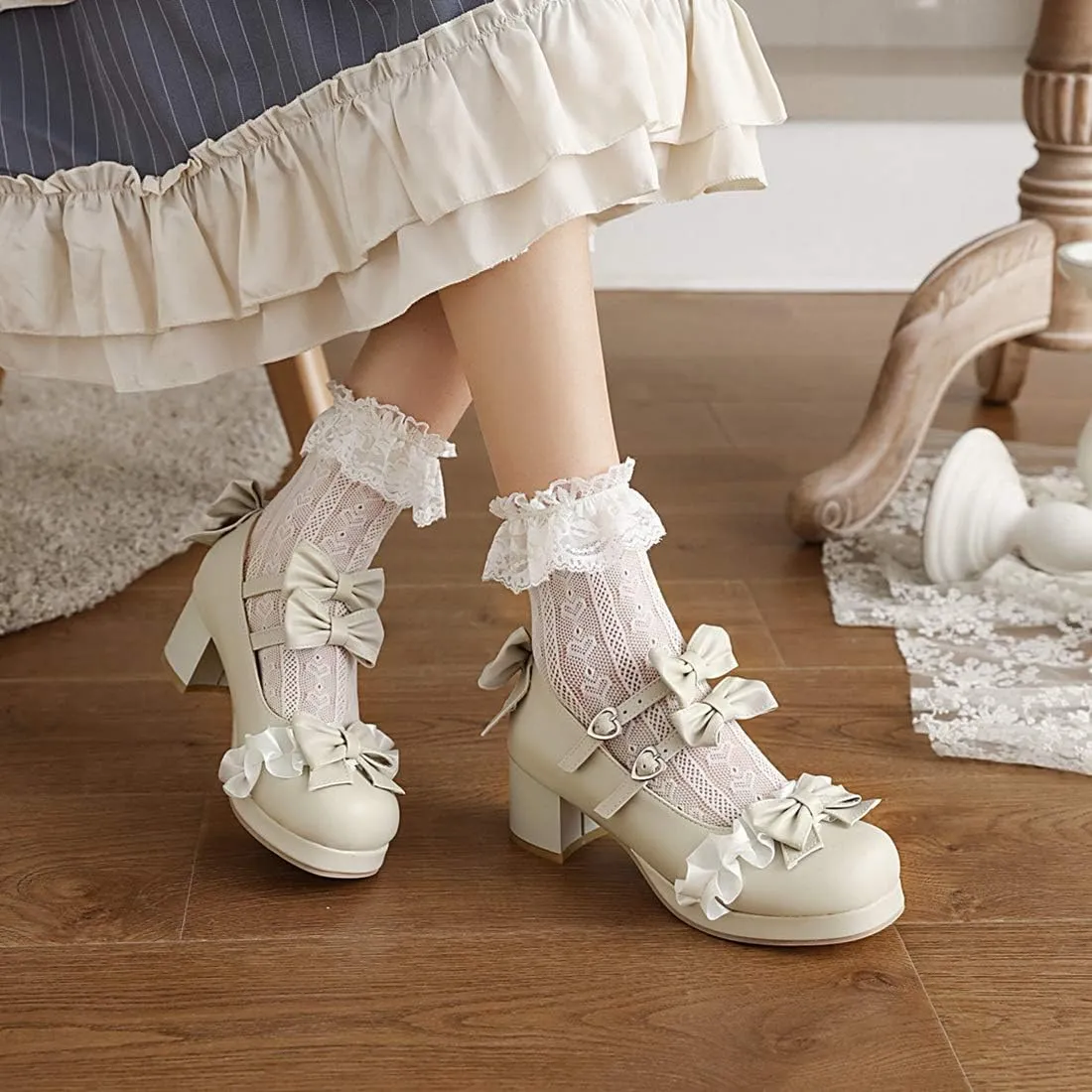VOKLIN Women's Girls Lolita Mary Janes Shoes Sweet Bow Lace Ankle Strap Mid Heels Cosplay Oxford Dress Pumps