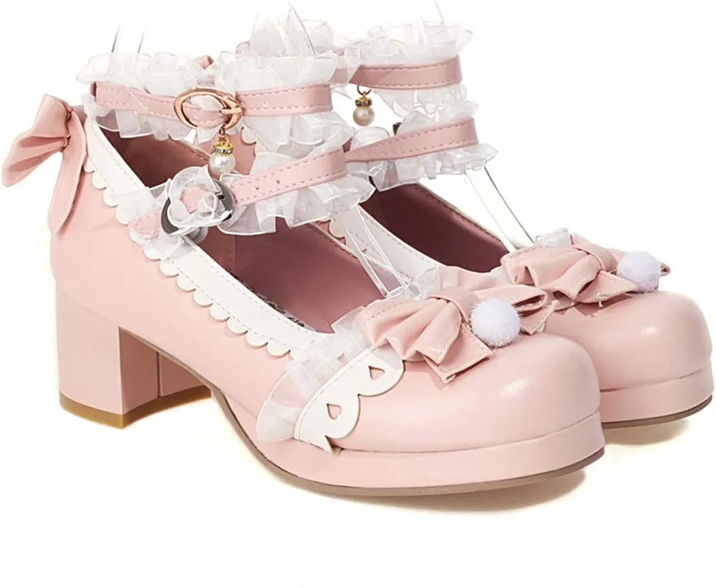 VOKLIN Women's Girls Lolita Mary Janes Shoes Sweet Bow Lace Ankle Strap Mid Heels Cosplay Oxford Dress Pumps