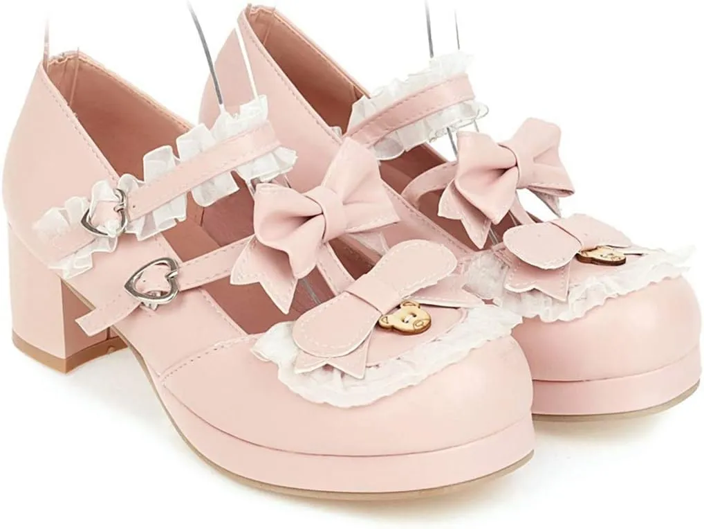 VOKLIN Women's Girls Lolita Mary Janes Shoes Sweet Bow Lace Ankle Strap Mid Heels Cosplay Oxford Dress Pumps