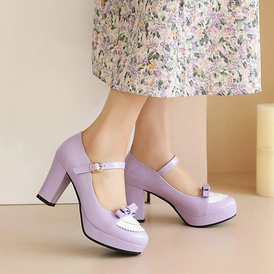 VOKLIN Women's Girls Lolita Platform Mary Jane Pumps Sweet Bow Ankle Strap Block High Heel Oxford Dress Shoes