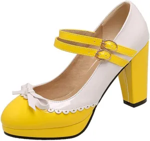 VOKLIN Women's Girls Lolita Platform Mary Jane Pumps Sweet Bow Ankle Strap Block High Heel Oxford Dress Shoes