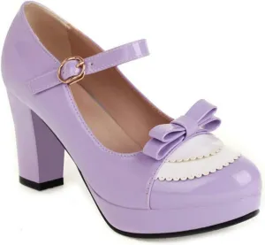VOKLIN Women's Girls Lolita Platform Mary Jane Pumps Sweet Bow Ankle Strap Block High Heel Oxford Dress Shoes