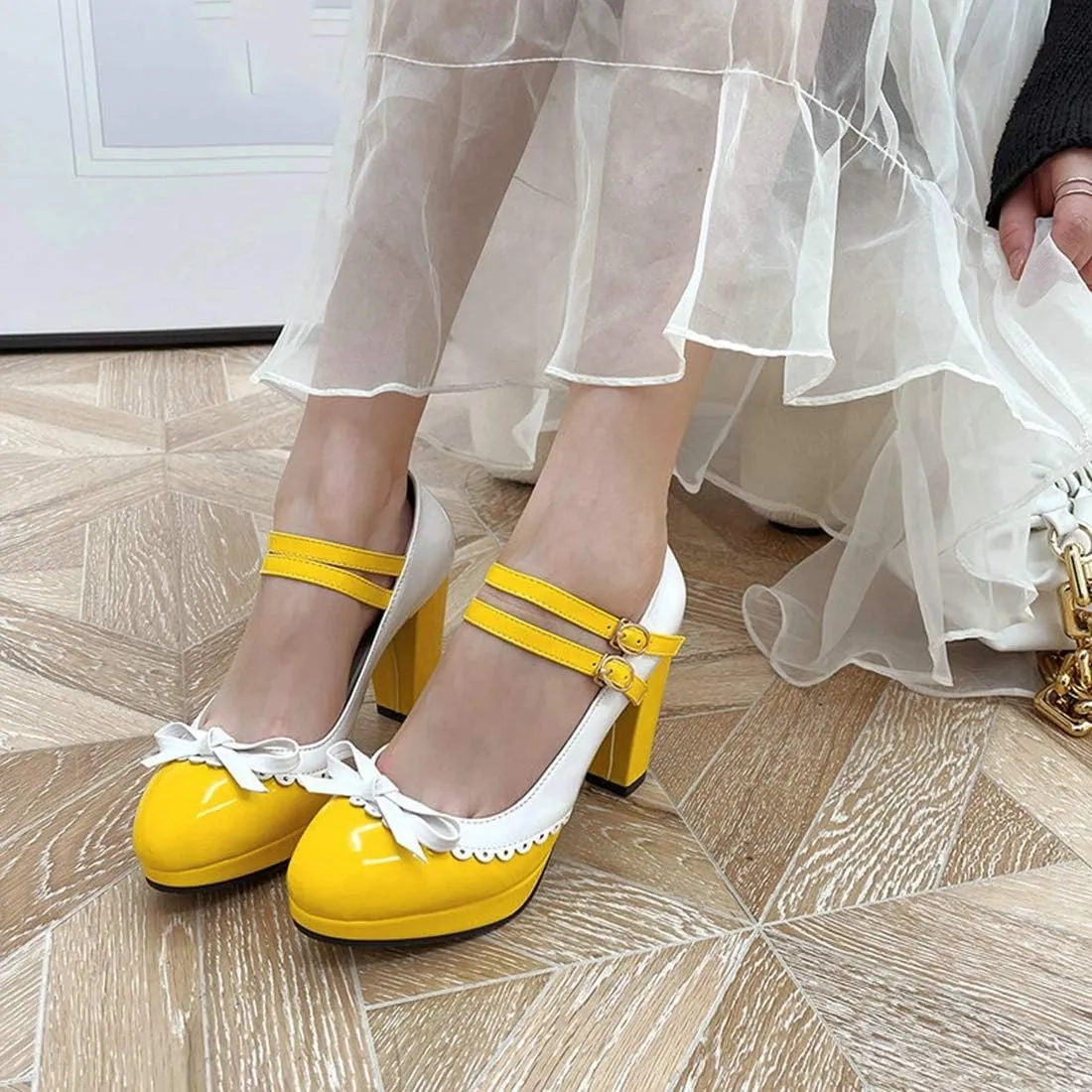VOKLIN Women's Girls Lolita Platform Mary Jane Pumps Sweet Bow Ankle Strap Block High Heel Oxford Dress Shoes