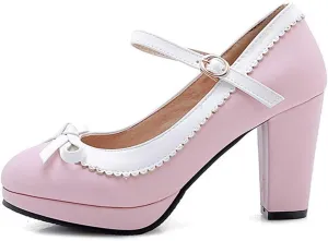 VOKLIN Women's Girls Lolita Platform Mary Jane Pumps Sweet Bow Ankle Strap Block High Heel Oxford Dress Shoes
