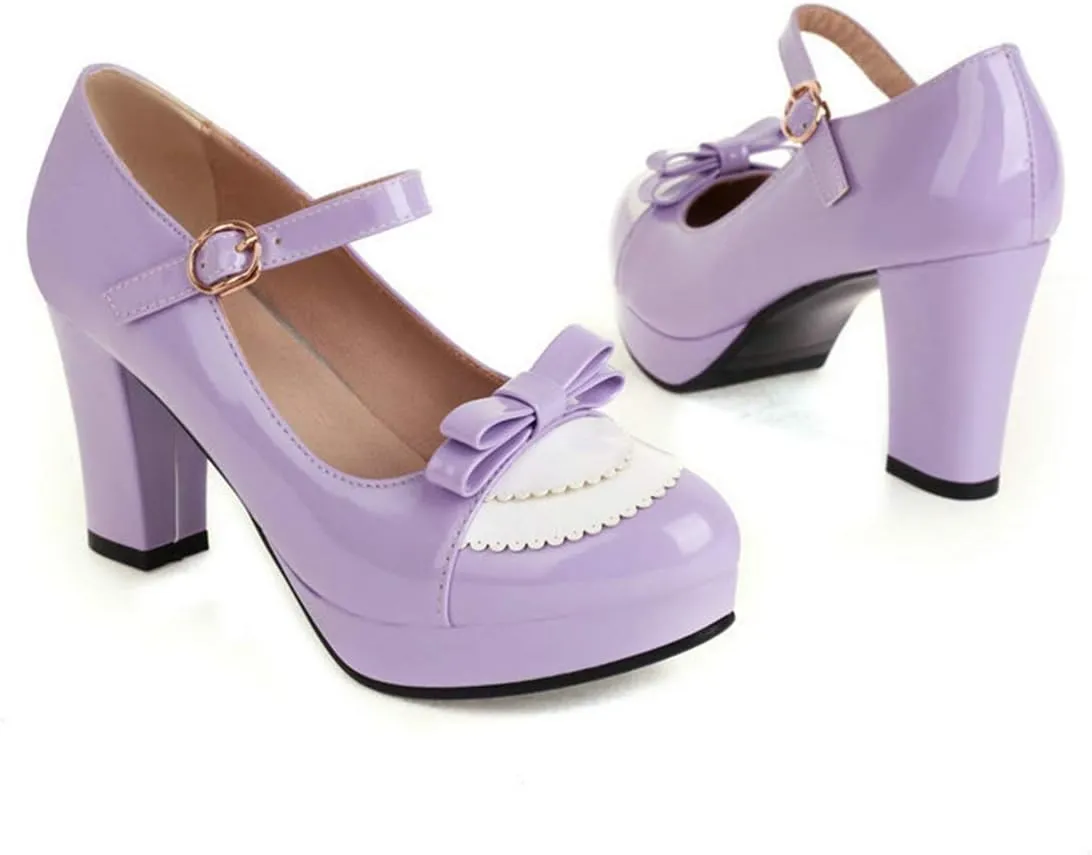 VOKLIN Women's Girls Lolita Platform Mary Jane Pumps Sweet Bow Ankle Strap Block High Heel Oxford Dress Shoes
