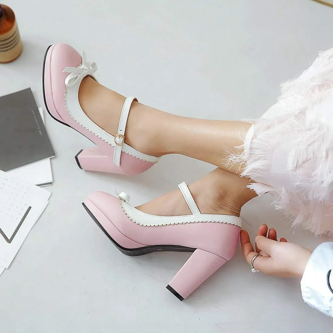 VOKLIN Women's Girls Lolita Platform Mary Jane Pumps Sweet Bow Ankle Strap Block High Heel Oxford Dress Shoes
