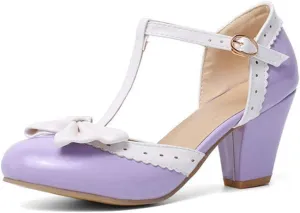 VOKLIN Women's Girls Lolita T-Strap Mary Jane Pumps with Bow Ankle Strap Block High Heels Oxford Dress Shoes