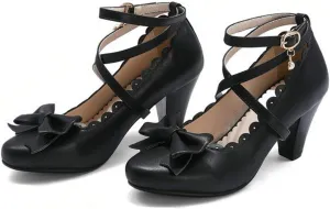 VOKLIN Women's Girls Mary Jane Pumps Sweet Bow Cross Ankle Strap Block High Heels Princess Oxford Dress Shoes