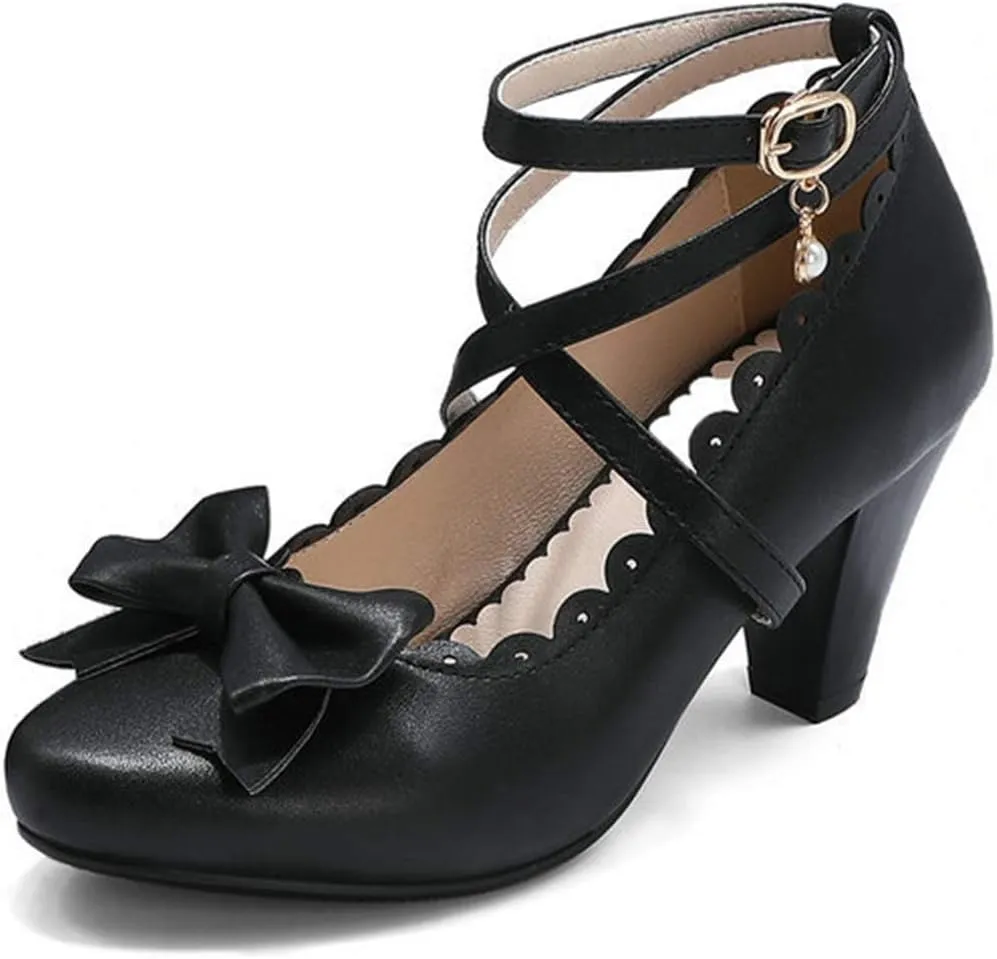 VOKLIN Women's Girls Mary Jane Pumps Sweet Bow Cross Ankle Strap Block High Heels Princess Oxford Dress Shoes