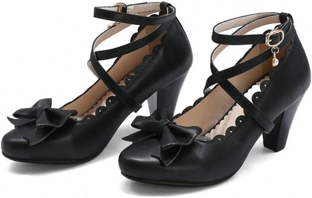 VOKLIN Women's Girls Mary Jane Pumps Sweet Bow Cross Ankle Strap Block High Heels Princess Oxford Dress Shoes