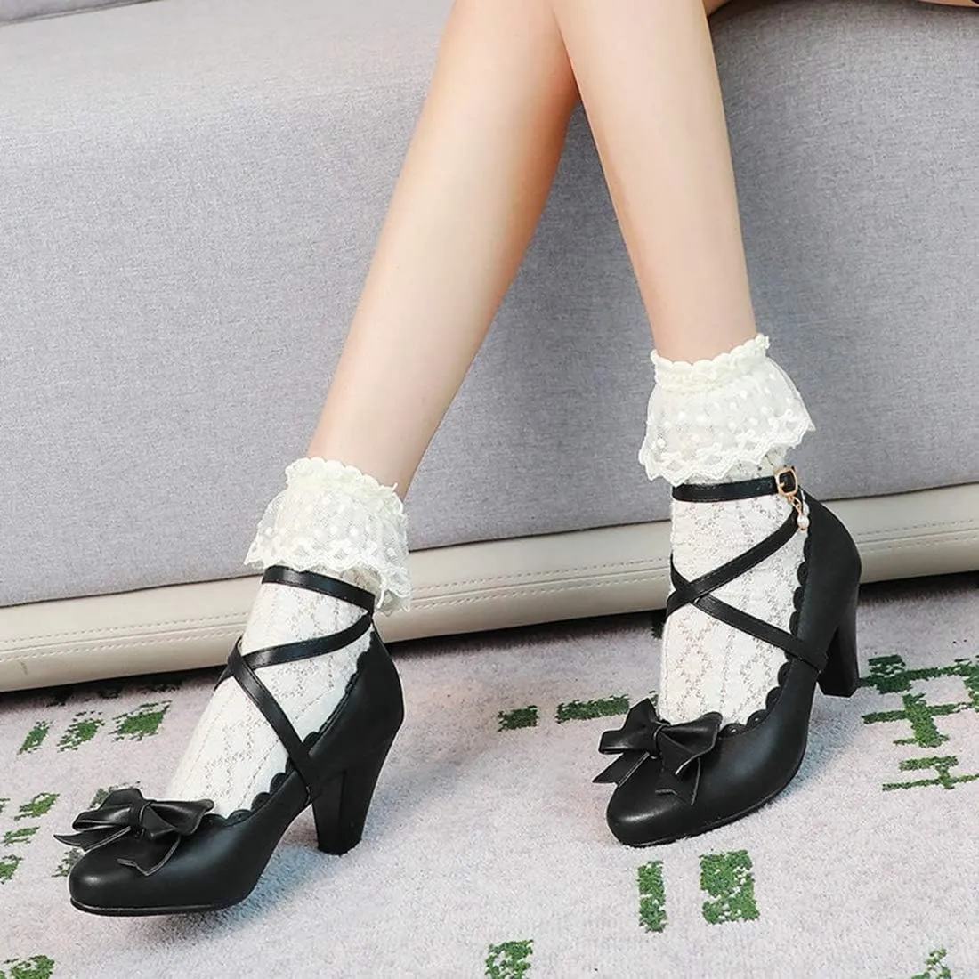 VOKLIN Women's Girls Mary Jane Pumps Sweet Bow Cross Ankle Strap Block High Heels Princess Oxford Dress Shoes