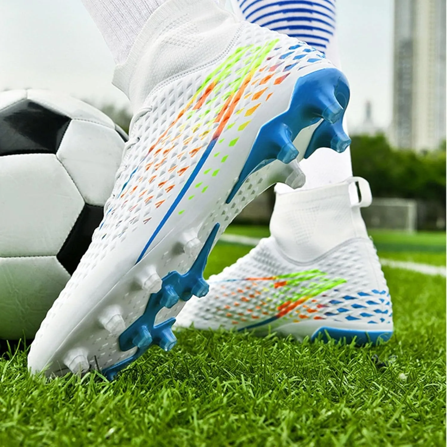 Wide Soccer Cleats Turf, Football Cleats Professional Lightweight High Top for Youth Big Boys Firm Ground Training