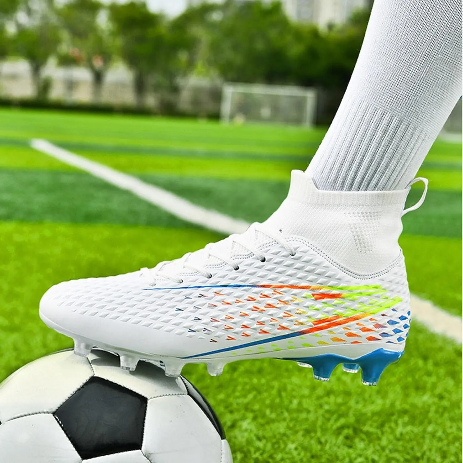 Wide Soccer Cleats Turf, Football Cleats Professional Lightweight High Top for Youth Big Boys Firm Ground Training