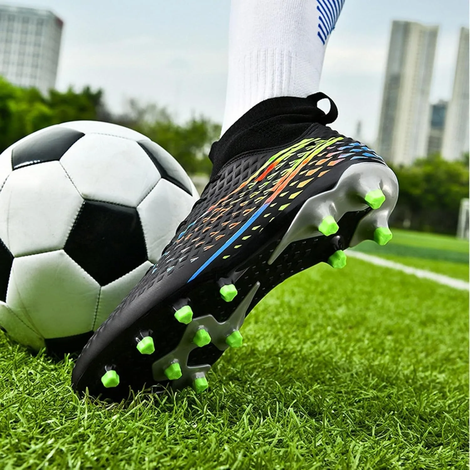 Wide Soccer Cleats Turf, Football Cleats Professional Lightweight High Top for Youth Big Boys Firm Ground Training