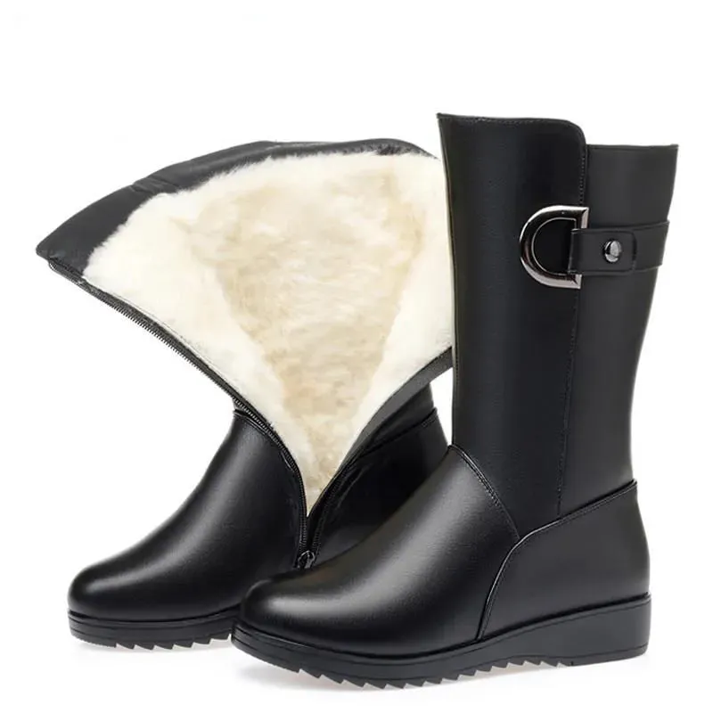 Winter Leather Boots Thick Wool Warm High-heeled