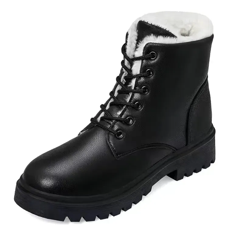 Winter Leather Boots Thick Wool Warm High-heeled
