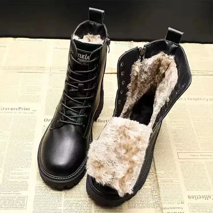 Winter Leather Boots Thick Wool Warm High-heeled