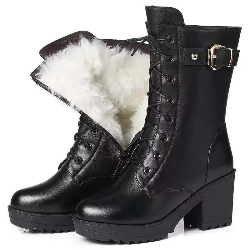 Winter Leather Boots Thick Wool Warm High-heeled