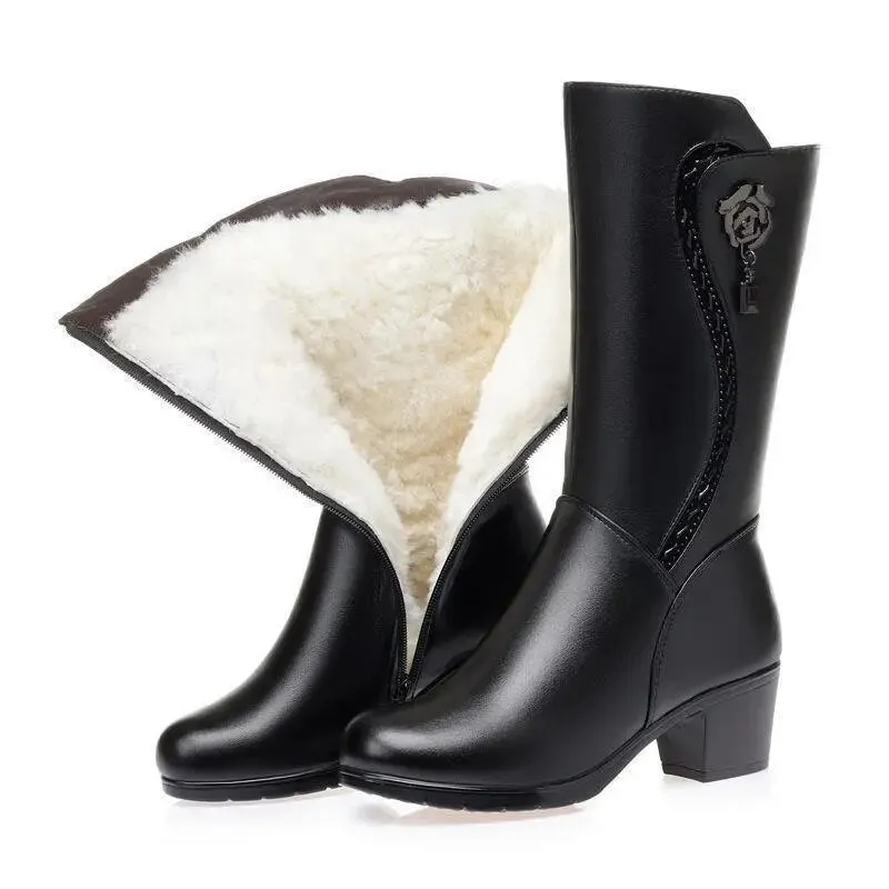 Winter Leather Boots Thick Wool Warm High-heeled