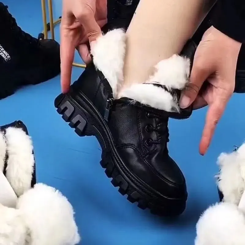 Winter Leather Boots Thick Wool Warm High-heeled