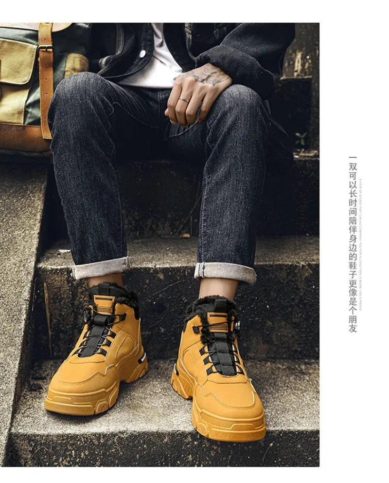 Winter Men's High Top Boots Rotating Button  Plush Warm