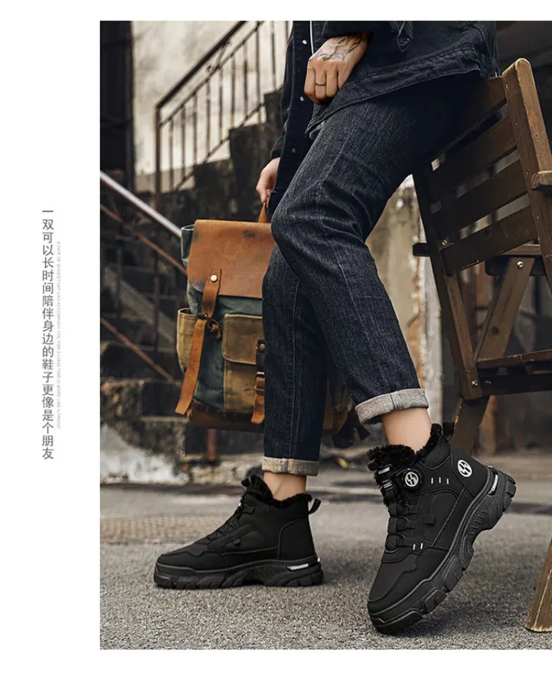 Winter Men's High Top Boots Rotating Button  Plush Warm