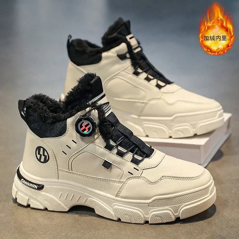 Winter Men's High Top Boots Rotating Button  Plush Warm