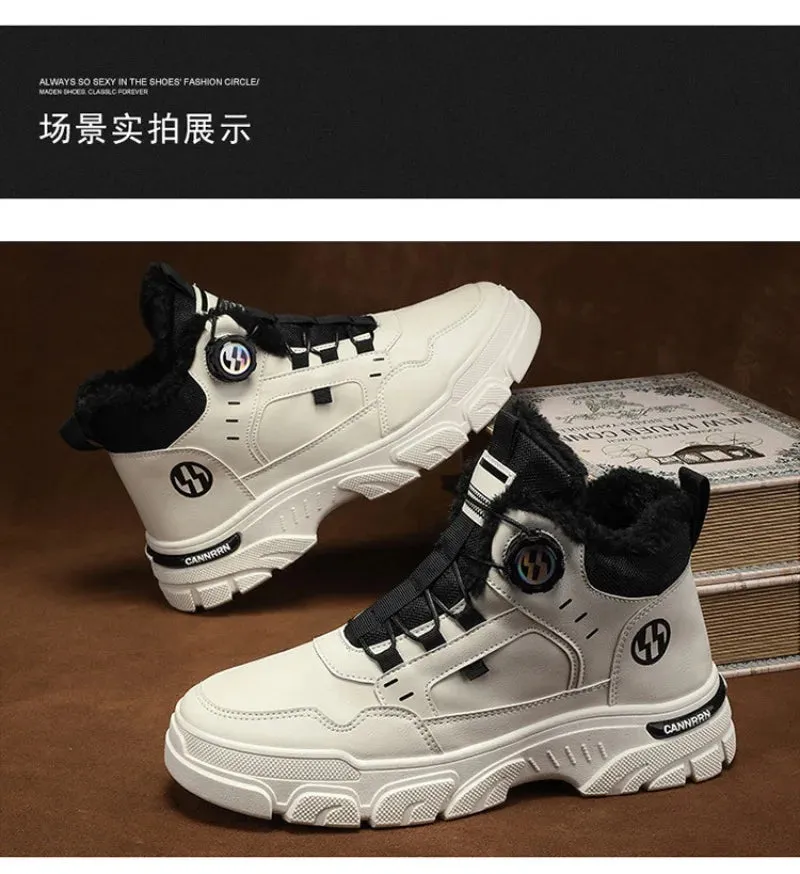 Winter Men's High Top Boots Rotating Button  Plush Warm