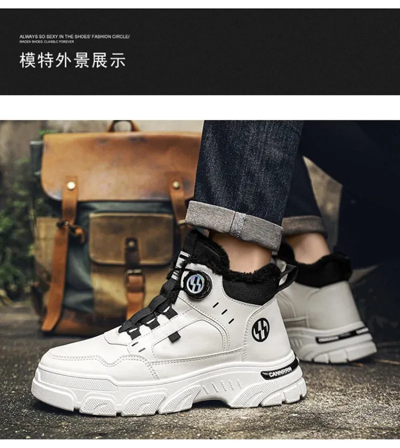 Winter Men's High Top Boots Rotating Button  Plush Warm