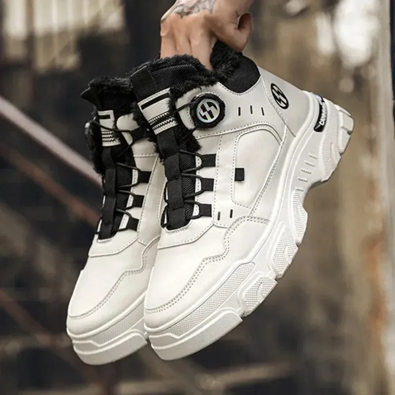 Winter Men's High Top Boots Rotating Button  Plush Warm