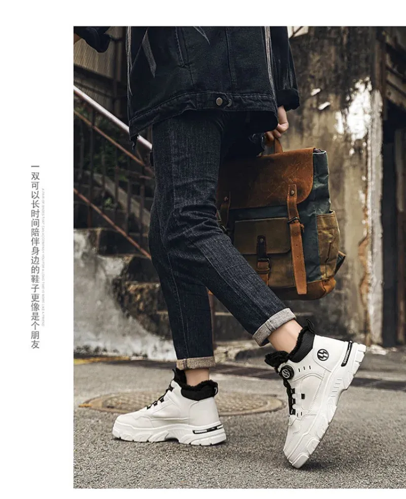 Winter Men's High Top Boots Rotating Button  Plush Warm