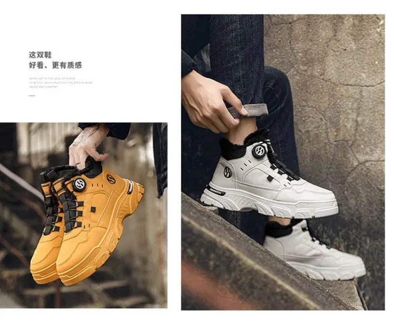 Winter Men's High Top Boots Rotating Button  Plush Warm