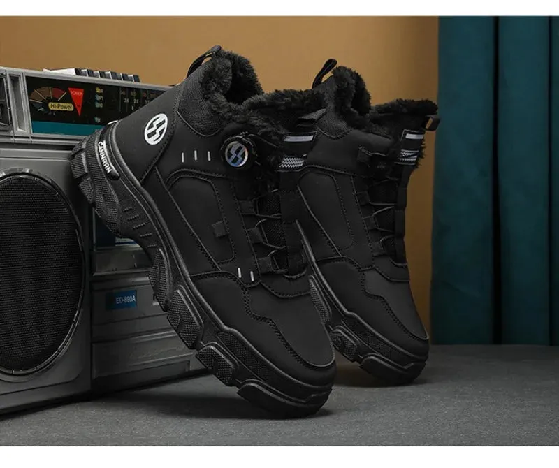 Winter Men's High Top Boots Rotating Button  Plush Warm