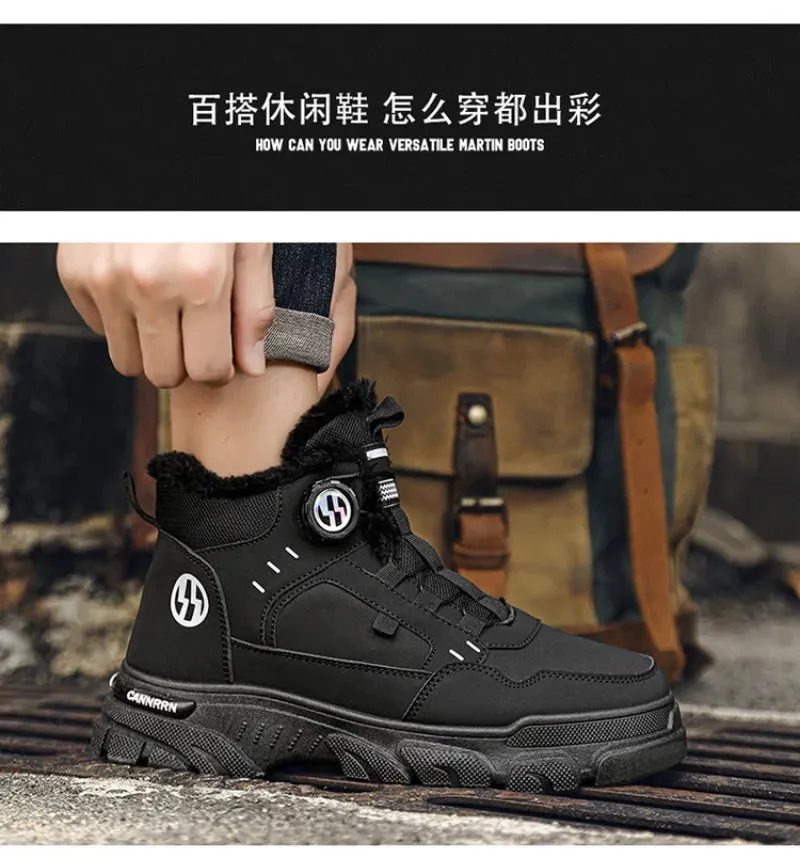 Winter Men's High Top Boots Rotating Button  Plush Warm