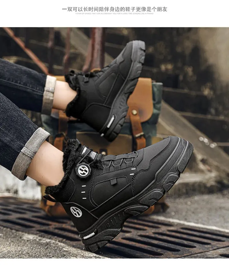 Winter Men's High Top Boots Rotating Button  Plush Warm