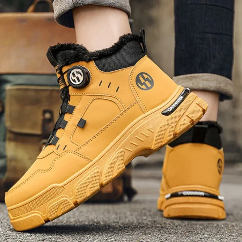 Winter Men's High Top Boots Rotating Button  Plush Warm