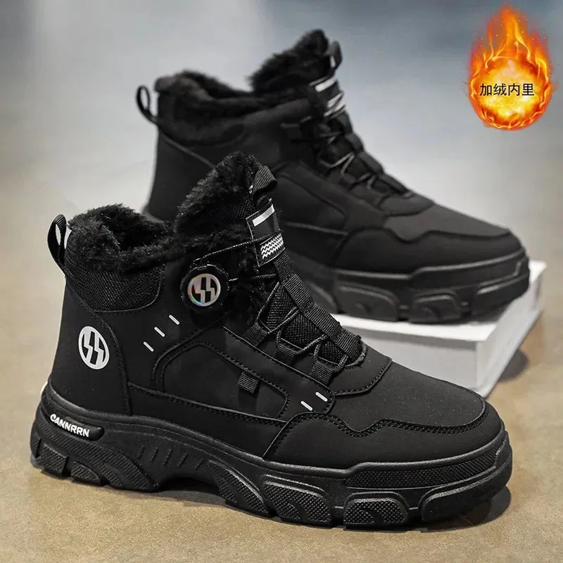 Winter Men's High Top Boots Rotating Button  Plush Warm