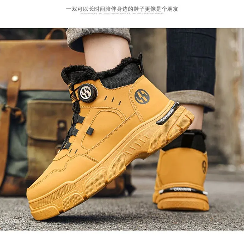 Winter Men's High Top Boots Rotating Button  Plush Warm