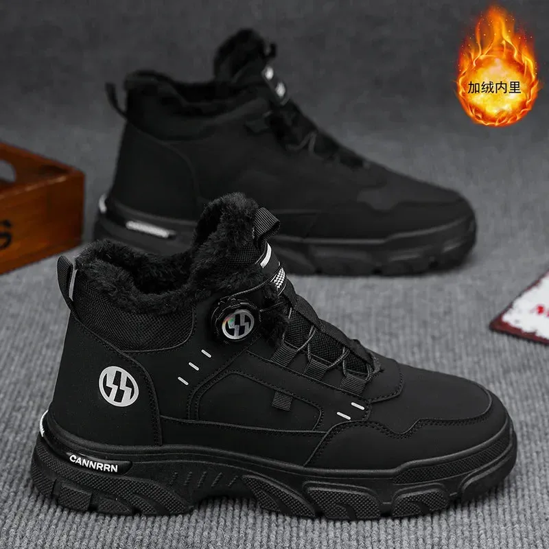 Winter Men's High Top Boots Rotating Button  Plush Warm