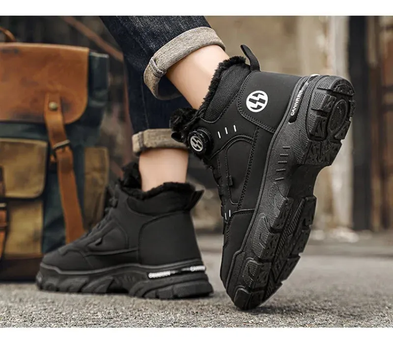 Winter Men's High Top Boots Rotating Button  Plush Warm