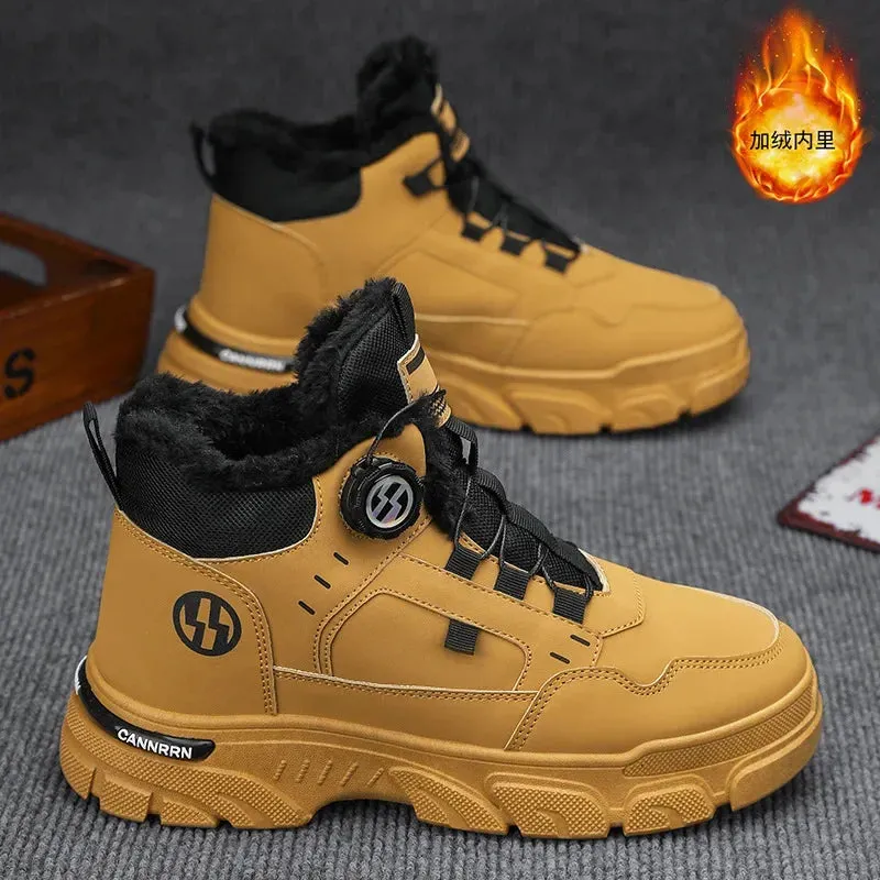 Winter Men's High Top Boots Rotating Button  Plush Warm