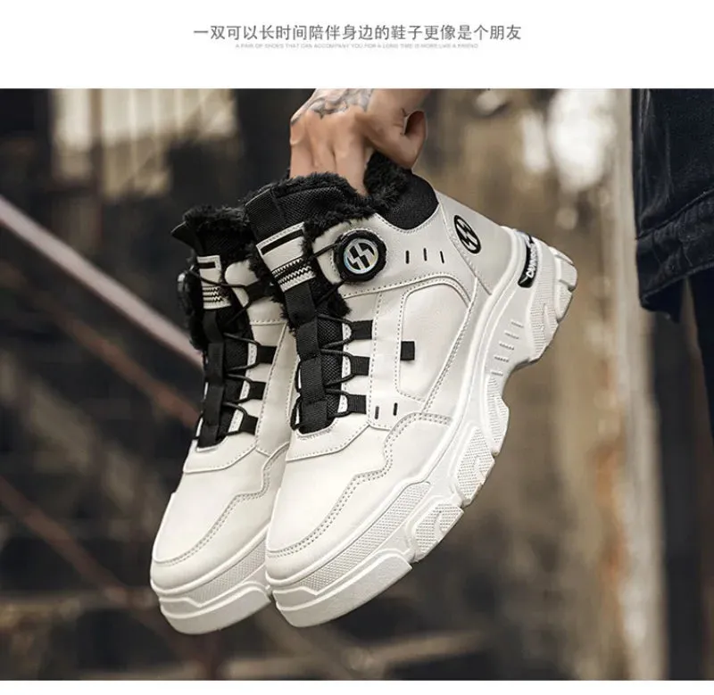 Winter Men's High Top Boots Rotating Button  Plush Warm