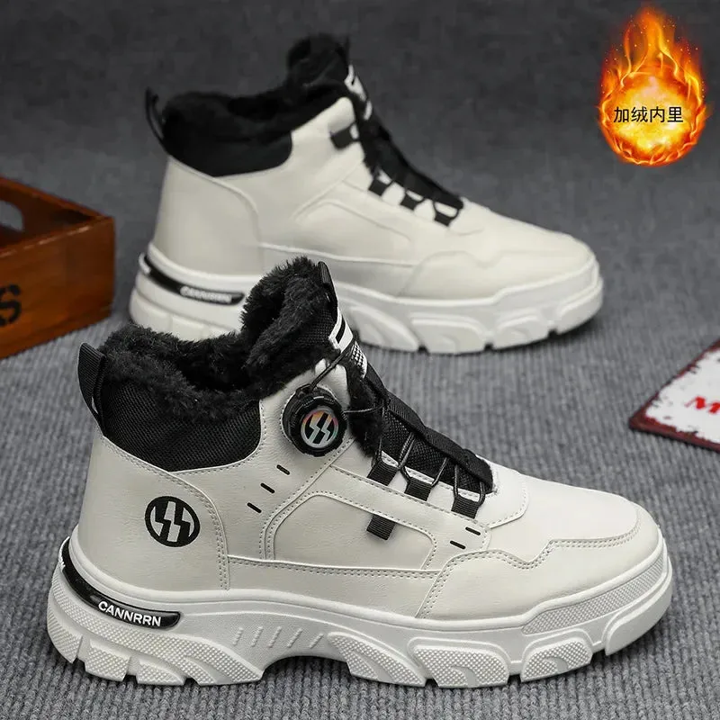 Winter Men's High Top Boots Rotating Button  Plush Warm