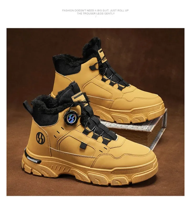 Winter Men's High Top Boots Rotating Button  Plush Warm